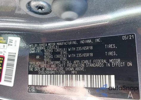 2021 Toyota Highlander Xle из США, поврежденный, VIN 5TDGZRBH8MS117999